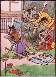 チャールズH.ベネット著、「カエルはウーイングゴー」のイラストが描かれた、子猫を飼っている猫が家まで忍び寄る1916